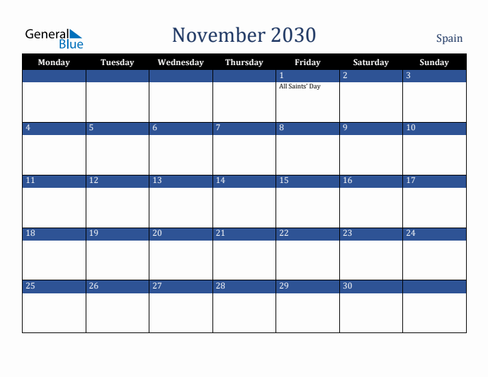 November 2030 Spain Calendar (Monday Start)