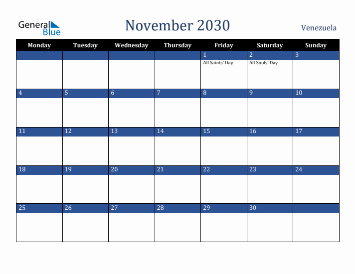 November 2030 Venezuela Calendar (Monday Start)