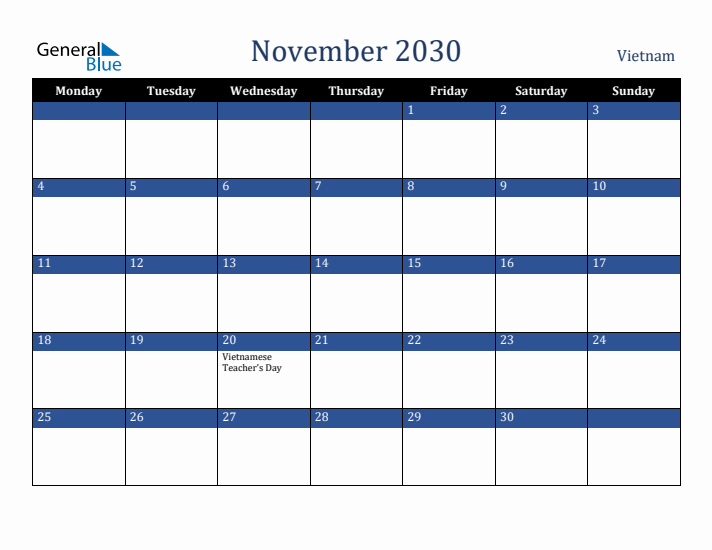 November 2030 Vietnam Calendar (Monday Start)