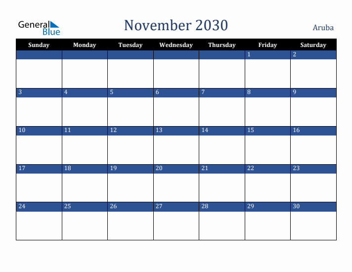 November 2030 Aruba Calendar (Sunday Start)