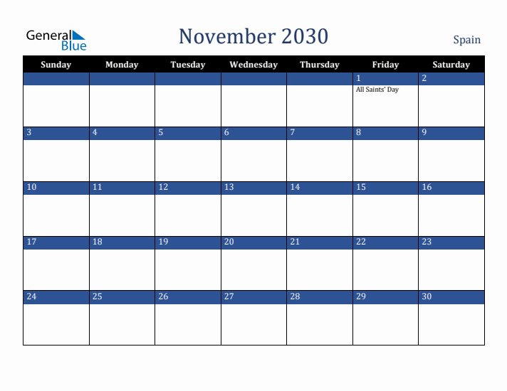 November 2030 Spain Calendar (Sunday Start)