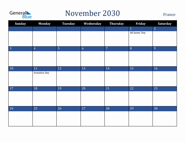 November 2030 France Calendar (Sunday Start)