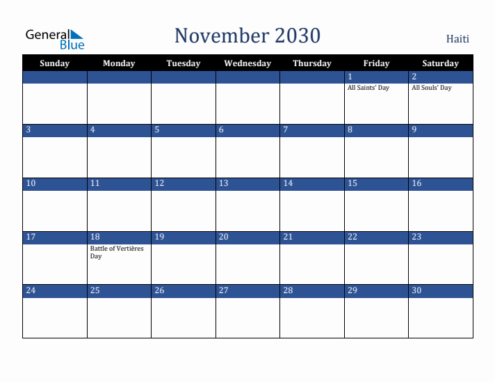 November 2030 Haiti Calendar (Sunday Start)