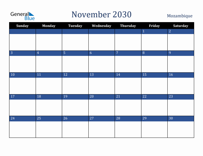 November 2030 Mozambique Calendar (Sunday Start)