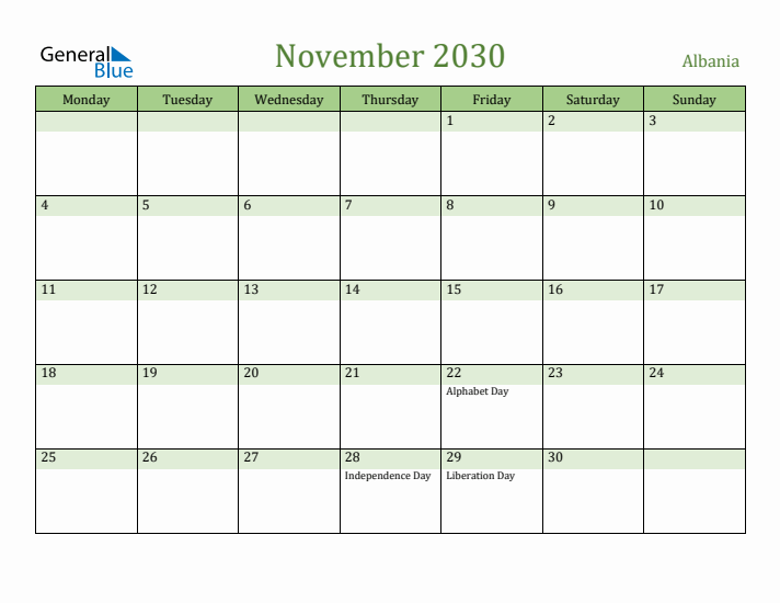 November 2030 Calendar with Albania Holidays