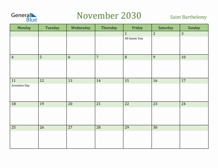 November 2030 Calendar with Saint Barthelemy Holidays