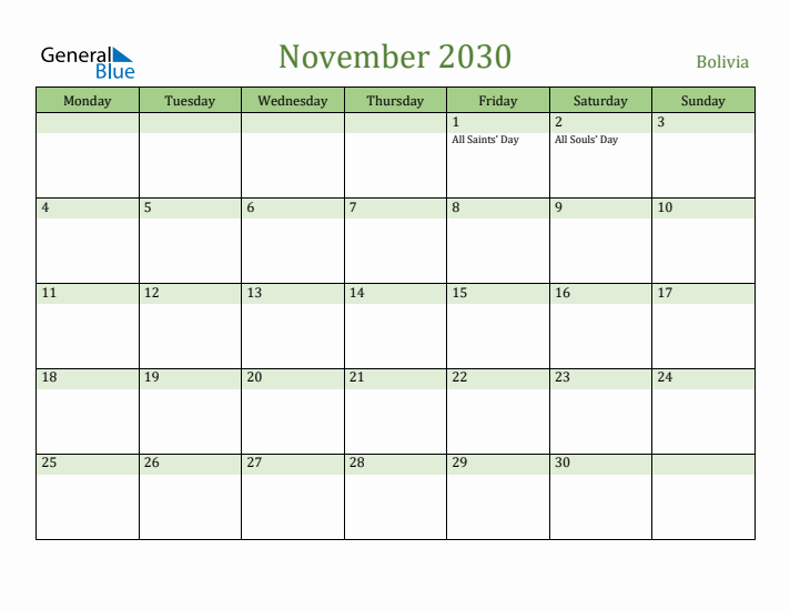 November 2030 Calendar with Bolivia Holidays