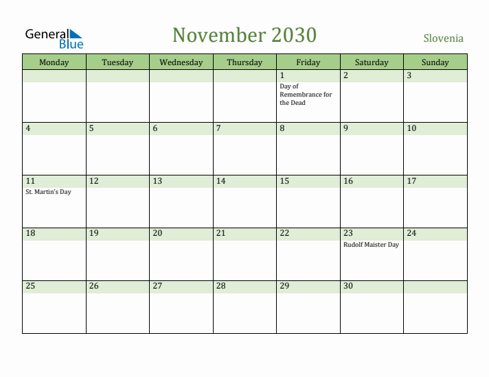 November 2030 Calendar with Slovenia Holidays