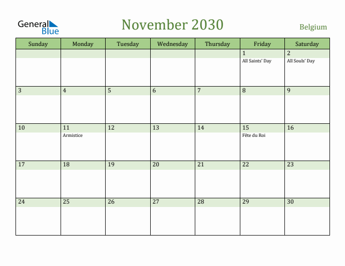 November 2030 Calendar with Belgium Holidays