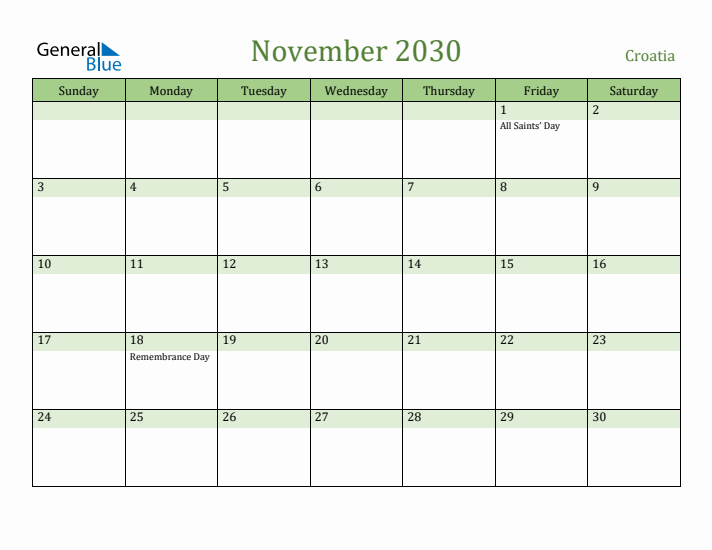 November 2030 Calendar with Croatia Holidays