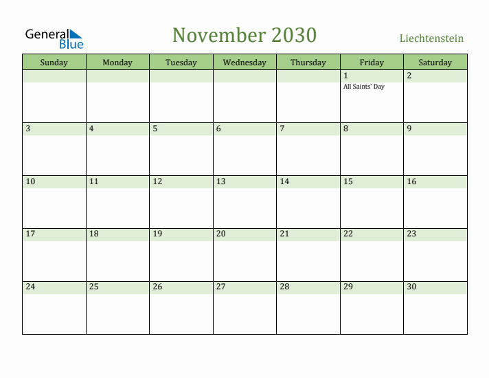 November 2030 Calendar with Liechtenstein Holidays