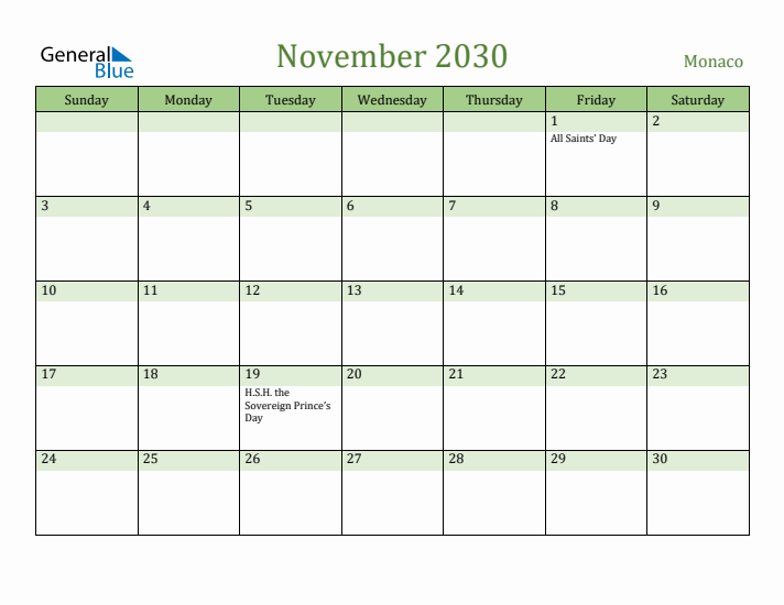 November 2030 Calendar with Monaco Holidays