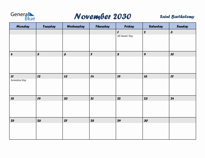 November 2030 Calendar with Holidays in Saint Barthelemy