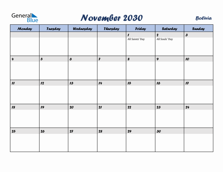 November 2030 Calendar with Holidays in Bolivia