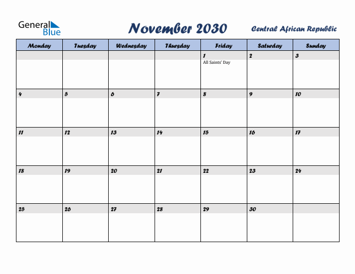 November 2030 Calendar with Holidays in Central African Republic