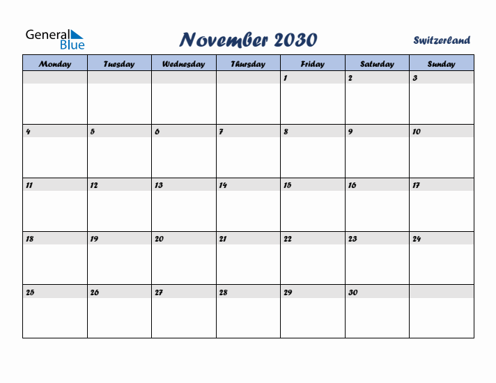 November 2030 Calendar with Holidays in Switzerland