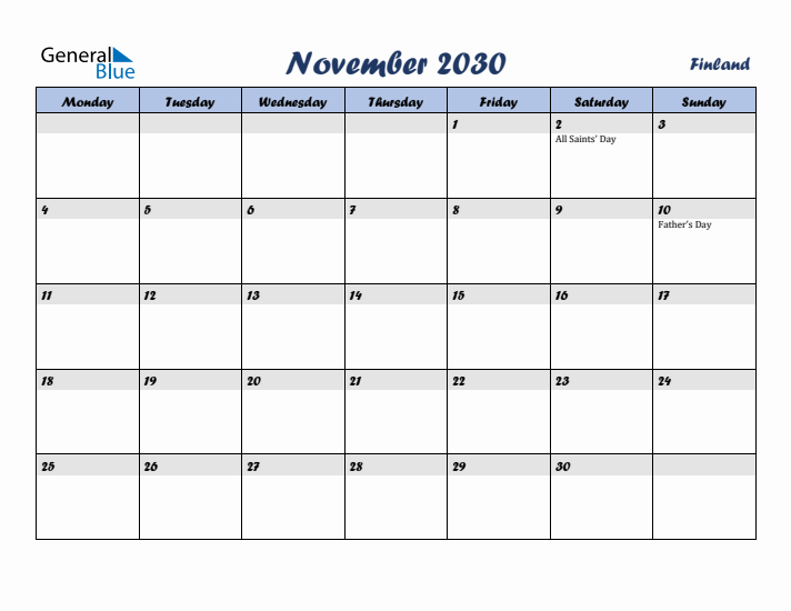 November 2030 Calendar with Holidays in Finland