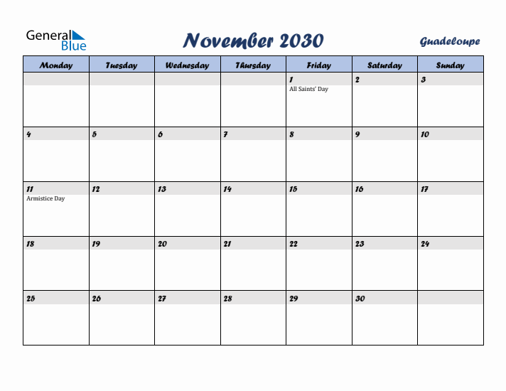 November 2030 Calendar with Holidays in Guadeloupe