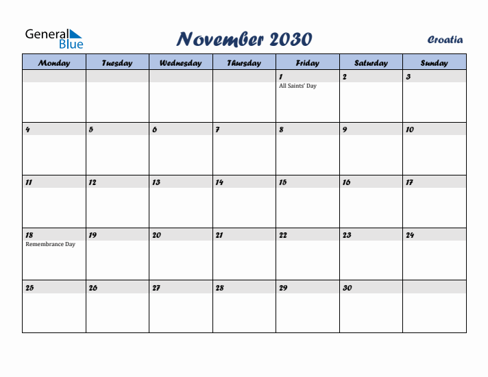 November 2030 Calendar with Holidays in Croatia