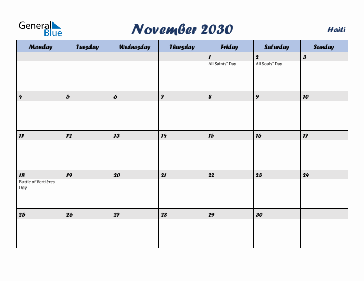 November 2030 Calendar with Holidays in Haiti