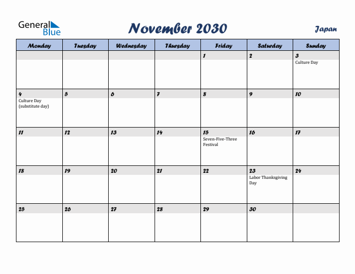 November 2030 Calendar with Holidays in Japan