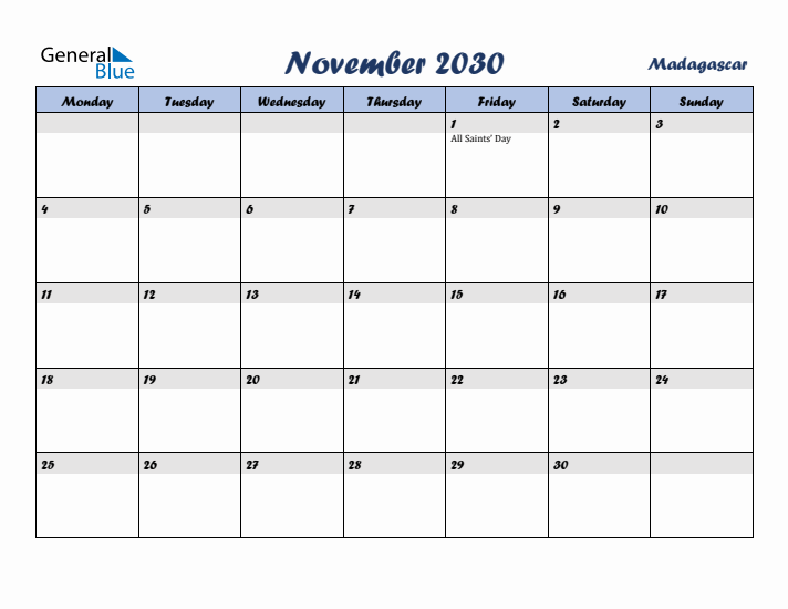 November 2030 Calendar with Holidays in Madagascar