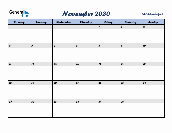 November 2030 Calendar with Holidays in Mozambique