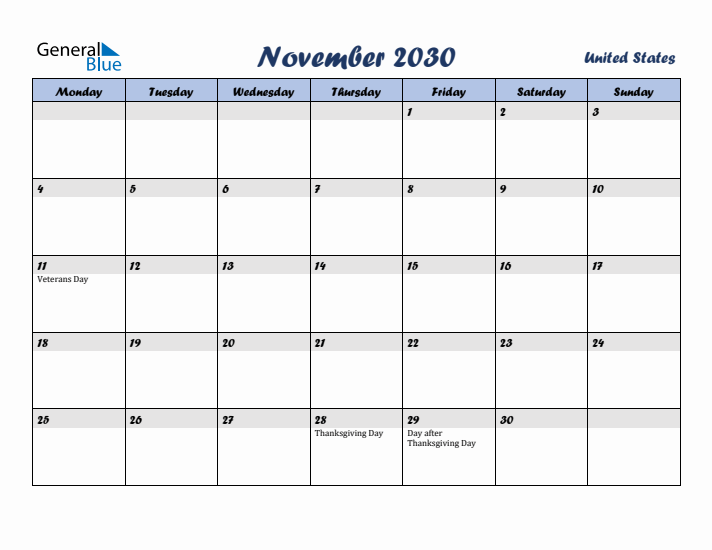 November 2030 Calendar with Holidays in United States