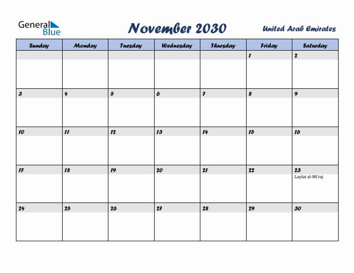 November 2030 Calendar with Holidays in United Arab Emirates