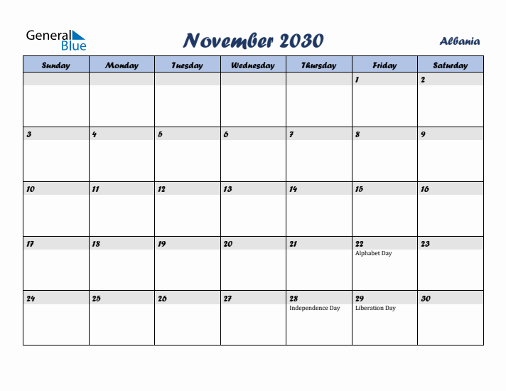 November 2030 Calendar with Holidays in Albania