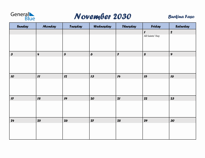 November 2030 Calendar with Holidays in Burkina Faso