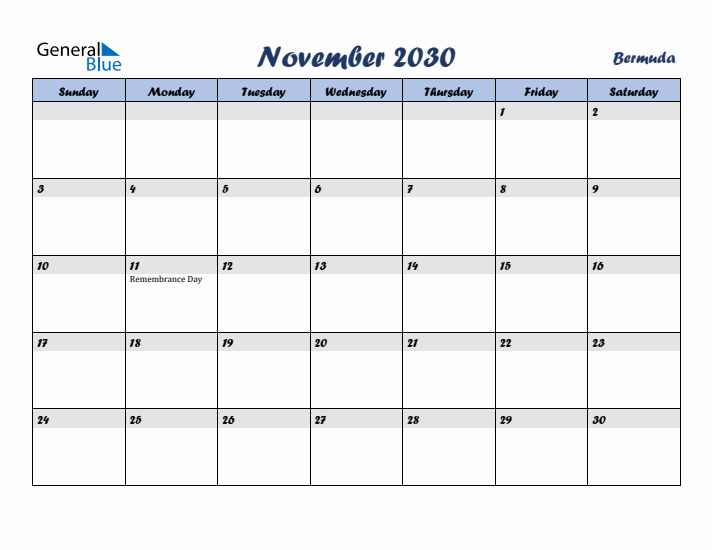 November 2030 Calendar with Holidays in Bermuda