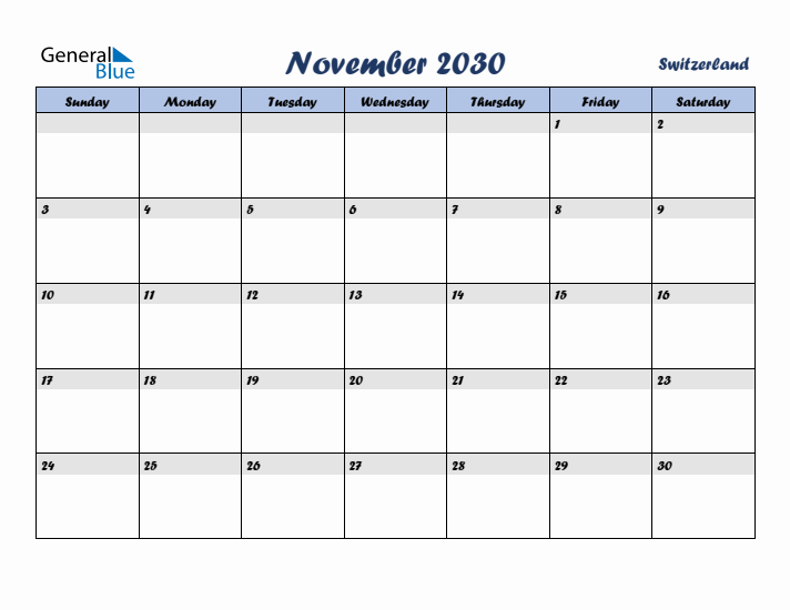 November 2030 Calendar with Holidays in Switzerland