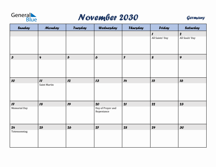 November 2030 Calendar with Holidays in Germany