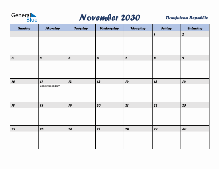 November 2030 Calendar with Holidays in Dominican Republic