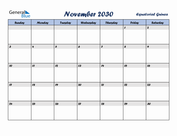 November 2030 Calendar with Holidays in Equatorial Guinea