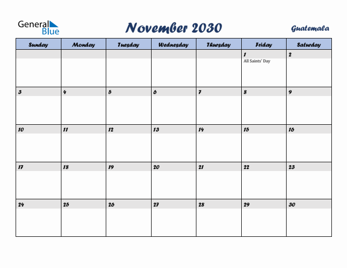 November 2030 Calendar with Holidays in Guatemala