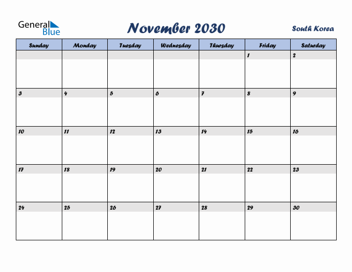 November 2030 Calendar with Holidays in South Korea