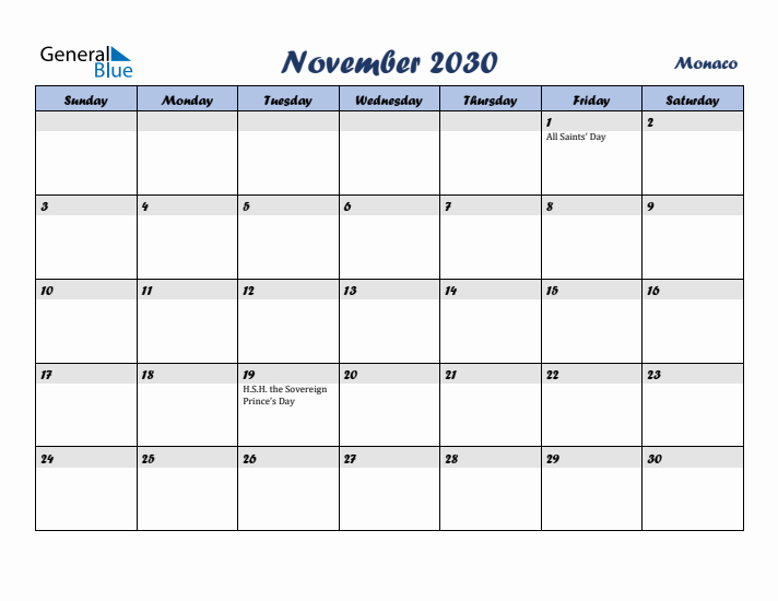 November 2030 Calendar with Holidays in Monaco