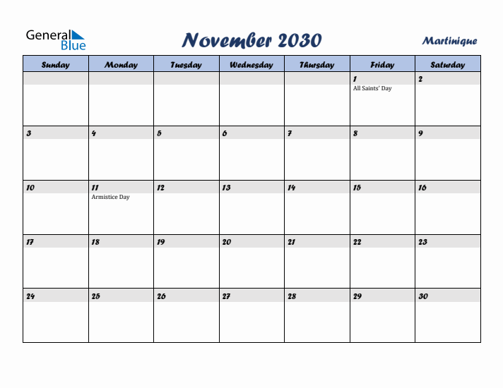 November 2030 Calendar with Holidays in Martinique