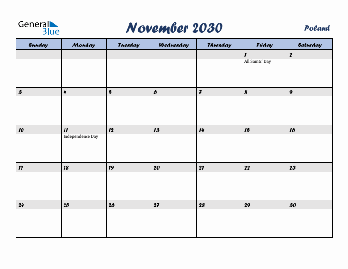 November 2030 Calendar with Holidays in Poland