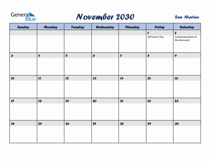 November 2030 Calendar with Holidays in San Marino