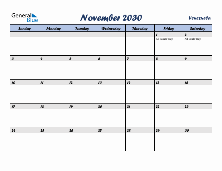 November 2030 Calendar with Holidays in Venezuela