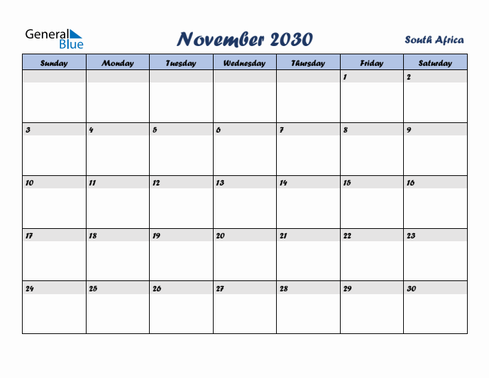 November 2030 Calendar with Holidays in South Africa