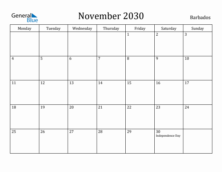 November 2030 Calendar Barbados