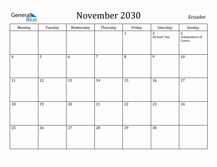 November 2030 Calendar Ecuador