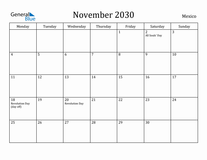 November 2030 Calendar Mexico