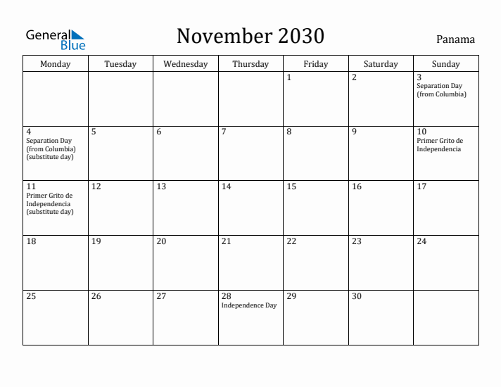 November 2030 Calendar Panama