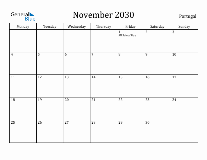 November 2030 Calendar Portugal