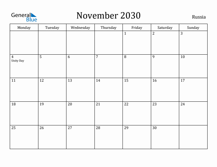 November 2030 Calendar Russia